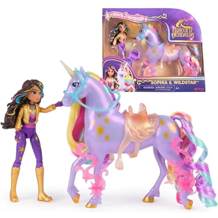 Spin Master Anziehpuppe Unicorn Academy - Sophia & Einhorn Wildstar, 12 cm große bewegliche Figuren mit echter Mähne und abnehmbarem Sattel – Bild 1