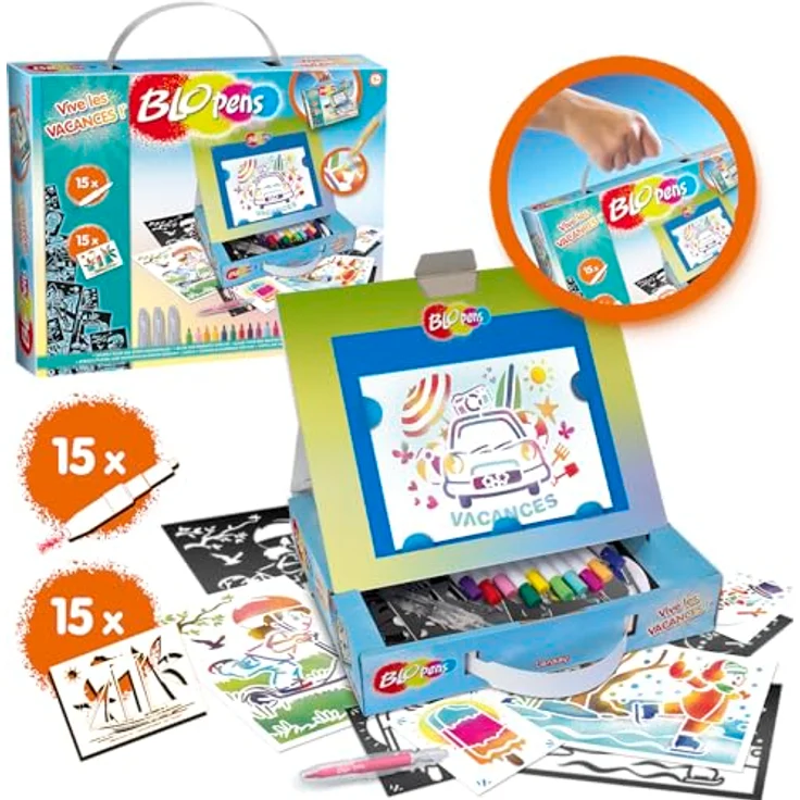 Blopens Kreativset Sprühstifteset Koffer, Airbrush Effekt mit wiederverwendbaren Schablonen und abwaschbaren Kappen – Bild 3