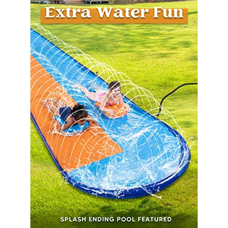 Sloosh Doppelte Rasen-Wasserrutsche 22,5ft x 62in mit Sprinkler und 2 aufblasbaren Boards, ideal für Garten und Sommerpartys, hochwertige rutschfeste Oberfläche – Bild 4