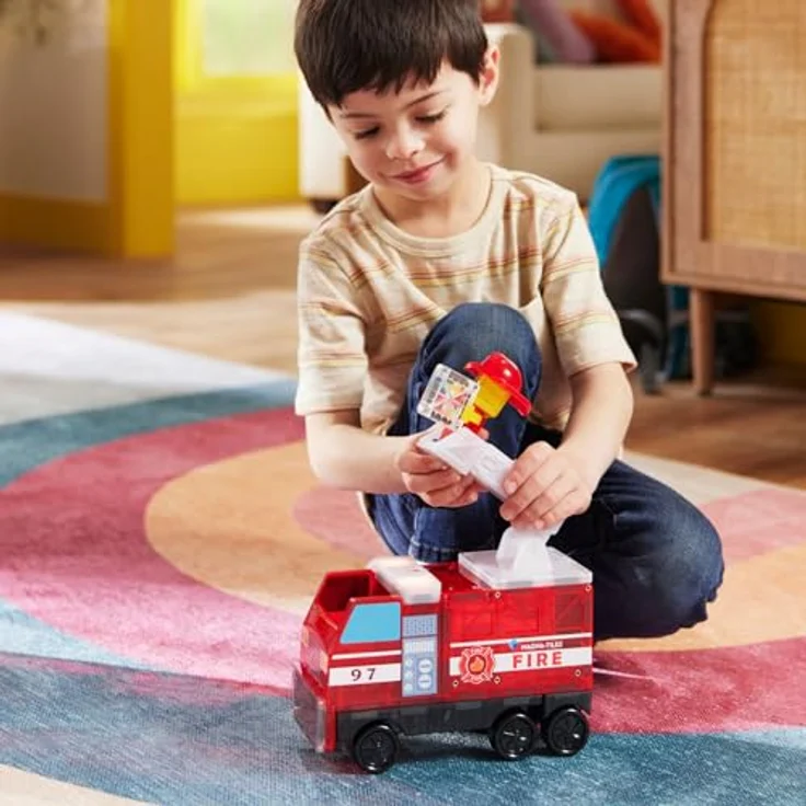MAGNA-TILES® Feuerwehrstation 50-teiliges Magnetbauset mit Licht- und Soundfliese, ausziehbarer Feuerwehr-Leiter und Mix-and-Match Feuerwehrfigur – Bild 4