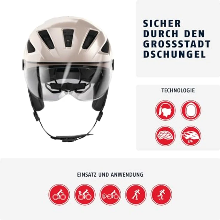 ABUS Stadthelm Pedelec 2.0 ACE - Fahrradhelm mit Rücklicht, Visier, Regenhaube, Ohrenschutz - für Damen und Herren - Gold, Größe L​ – Bild 2