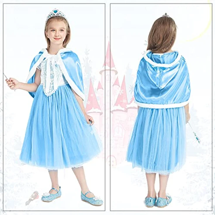 URAQT Mädchen Kostüm Kleid mit Umhang, Prinzessinnen Cosplay für Kinder, inkl. Krone und Zauberstab, 5 Größen für 2-8 Jahre, hochwertiger 100% Polyester, ideal für Feste und Feiertage – Bild 2