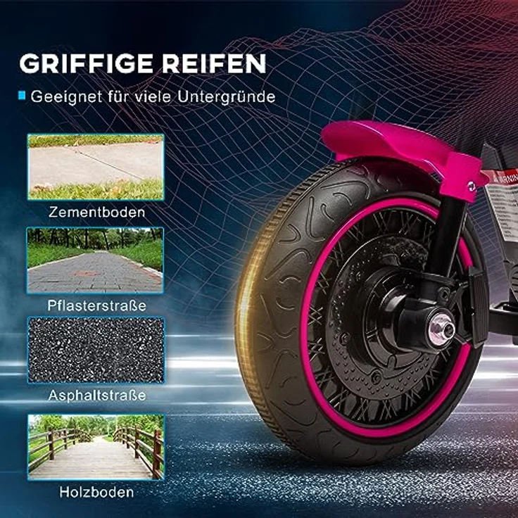 HOMCOM Elektro-Kindermotorrad Kinderfahrzeug mit abnehmbaren Stützrädern, Rosa, Belastbarkeit 25 kg, 76L x 42B x 57H cm – Bild 6