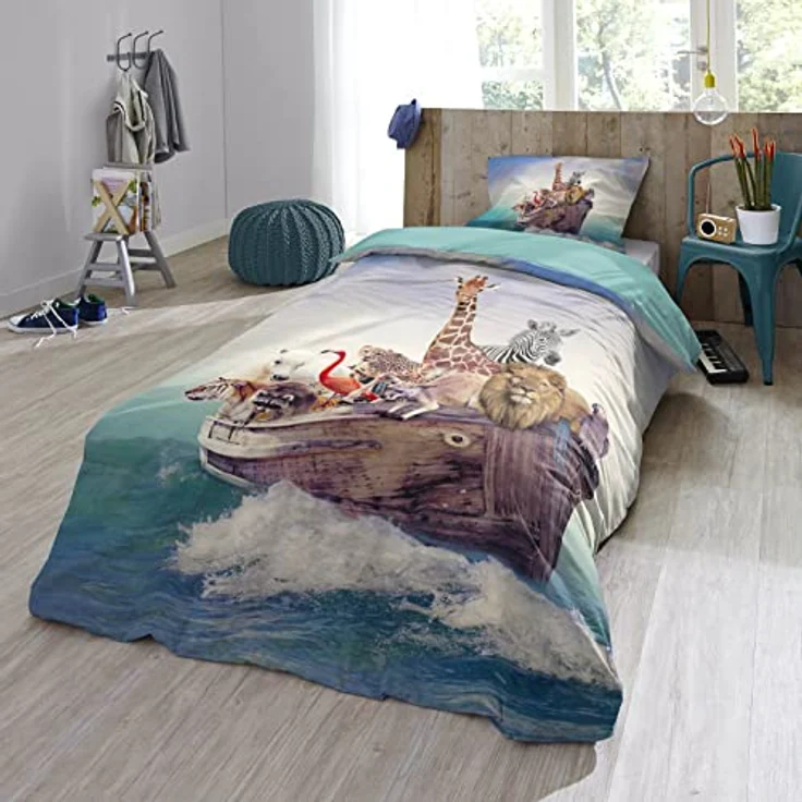 ESPiCO Bettwäsche Trendy Bedding Arche Noah Löwe Tiger Giraffe Pferd Vögel Känguru Leopard Renforcé, 135x200 cm – Bild 5