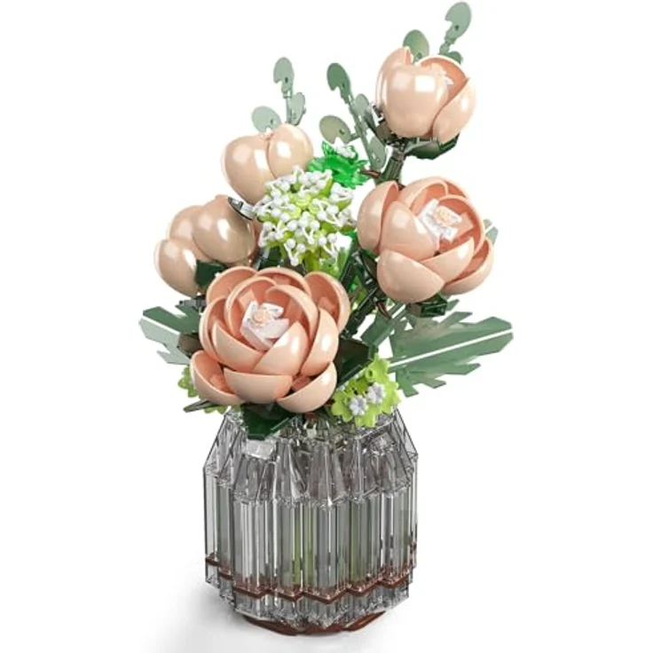 Mould King 24109 Rosenstrauß Baustein Vasen Set, kreatives Bastelset mit realistischen unvergänglichen Blumen für stilvolle Wohnraumdekoration, 981 Teile – Bild 3
