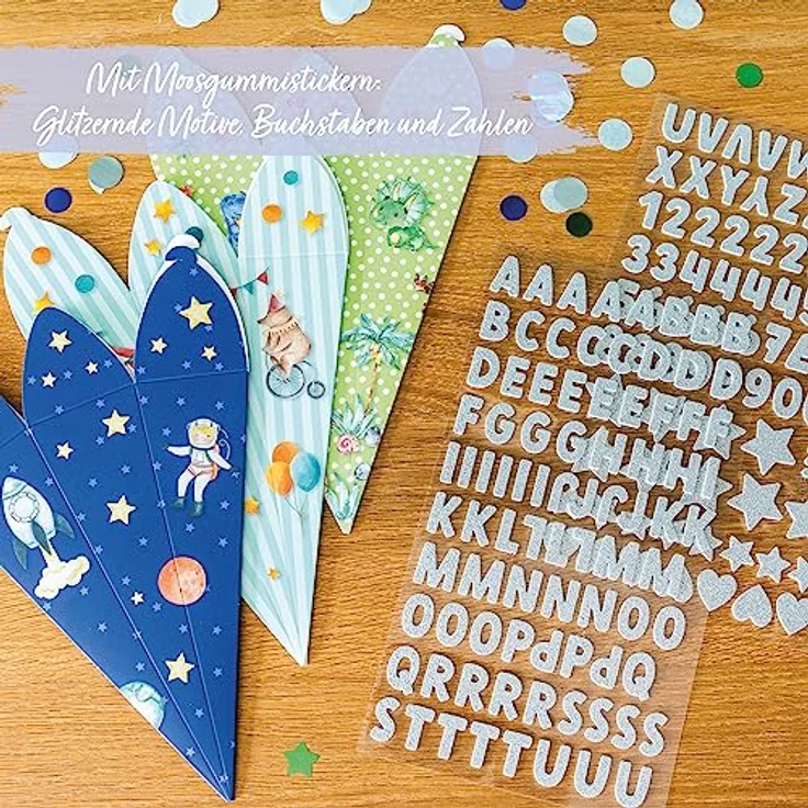 Papierdrachen Bedruckte Schultüten Set, 3 Stück in Blau Grün, 24,5 cm, inkl. dekorative Moosgummi Aufkleber – Bild 4