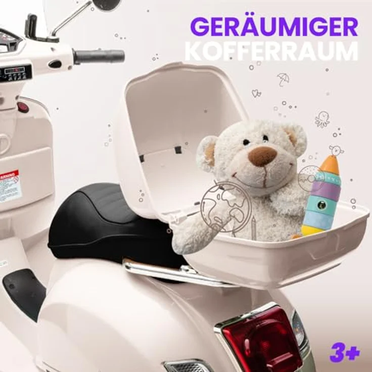 Sun Baby Vespa Elektro Kindermotorrad ab 3 Jahren mit Kunststoffräder und -sitze, Kofferraum, MP3-Player, USD MicroSD AUX-Anschluss. Elektroroller, Kinderroller (Weiß) – Bild 5