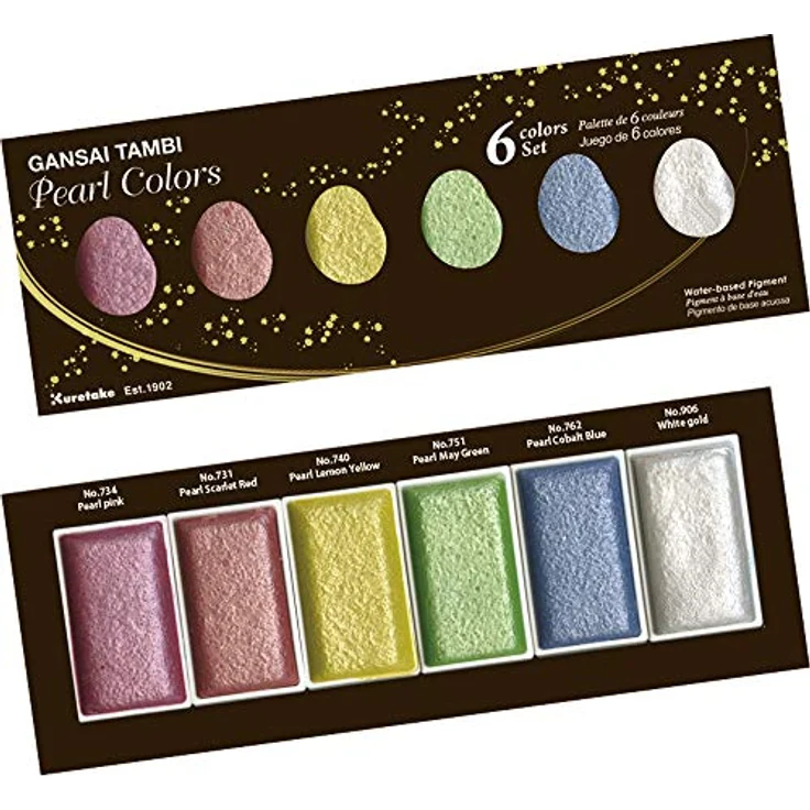 Kuretake Aquarellfarbenset, Wasserfarbe, 6 Farben in Gold, Grün, Pink, Rot, Weiß, Gelb, wasserbasiert für Papier – Bild 1