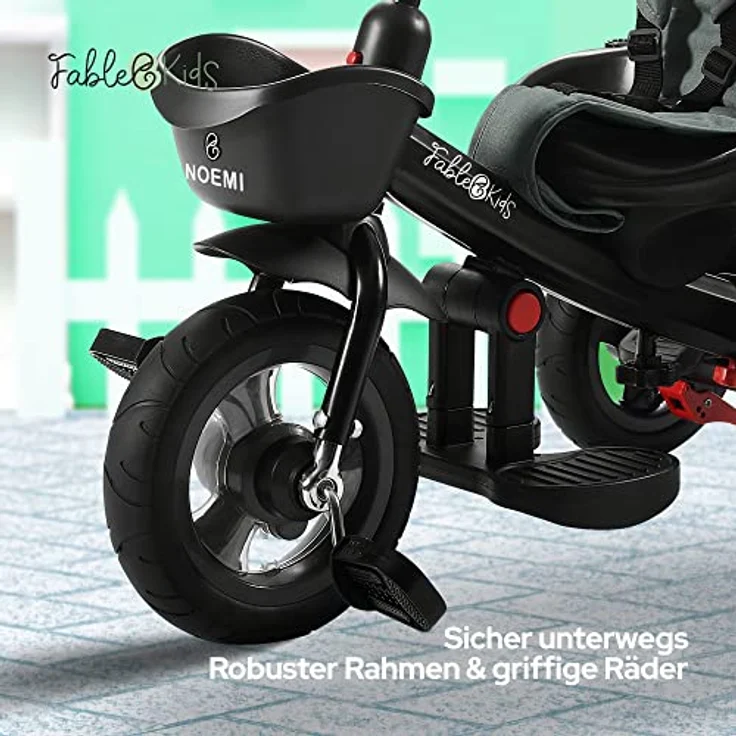 FableKids 5in1 Dreirad Noemi mit Schubstange ab 18 Monate bis 25kg, Vorwärts und Rückwärtsfahrt, PU-Reifen, Freilauf geräumiger, Korb, Tasche, Getränkehalter - Grau – Bild 5