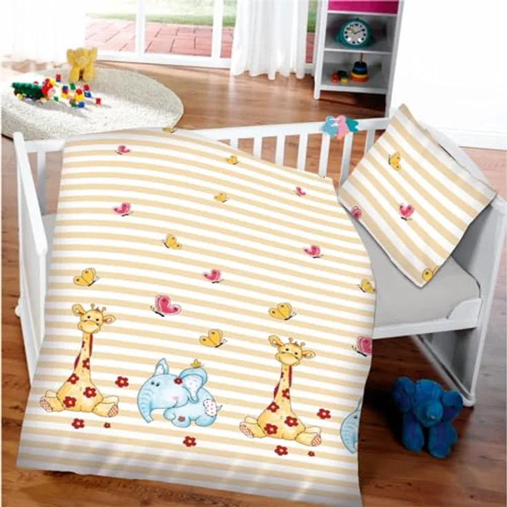 Bestlivings Kinder Bettwäsche 2-TLG (100x135cm / 40x60cm) Set - 100% Baumwolle, Motiv Elefant & Giraffe, Babybettwäsche in Weiß