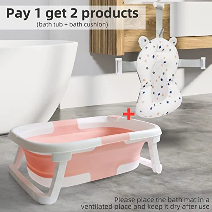 Baby Badewanne Faltbare Babybadewanne Kinder, Neugeborene Baby-Plastikbadewanne mit faltbaren Anti-Rutsch-Beinen Zusammenklappbare Badewanne für das Baden von Kleinkindern | Rosa und Weiß – Bild 3