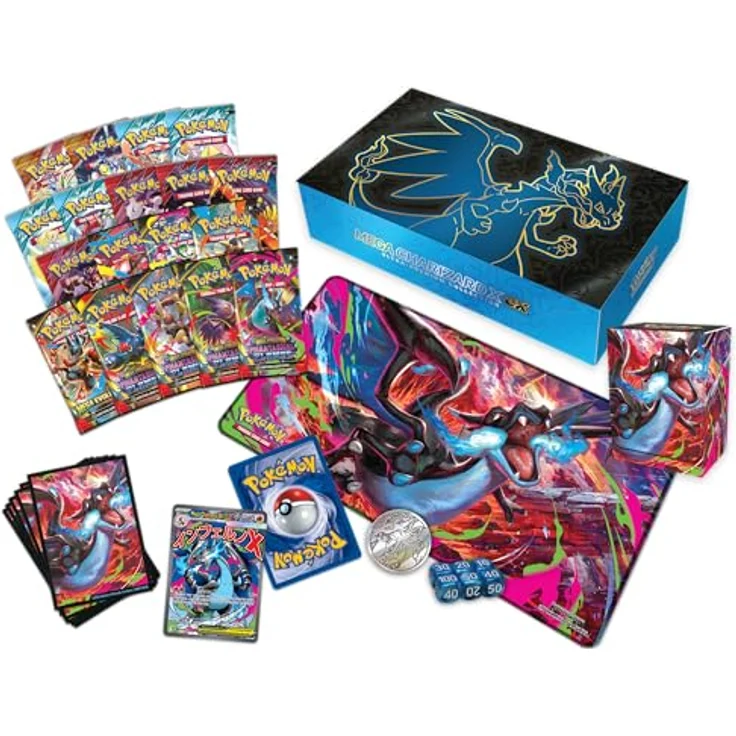 Pokémon TCG: Mega Charizard X ex Ultra-Premium-Kollektion, mit 1 Folien-Promo-Karte, 65 Kartenhüllen, Spielmatte, Deckbox, Metallmünze und 18 Boosterpacks – Bild 3