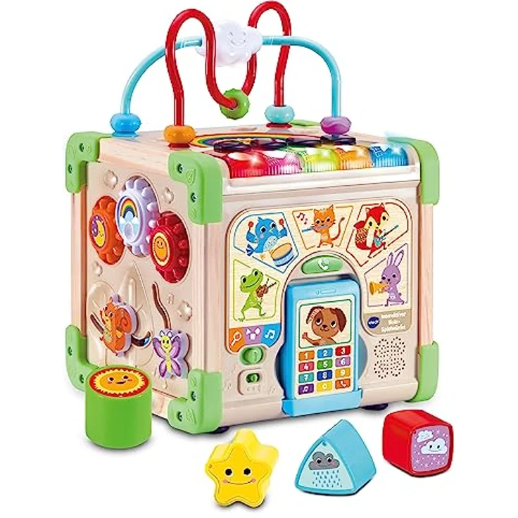 VTech Interaktiver Holz-Spielwürfel – Interaktiver Spielwürfel mit FSC®-zertifiziertem Holz – Mit verschiedenen Elementen, Liedern und Musik – Für Kinder von 12-36 Monaten – Bild 1