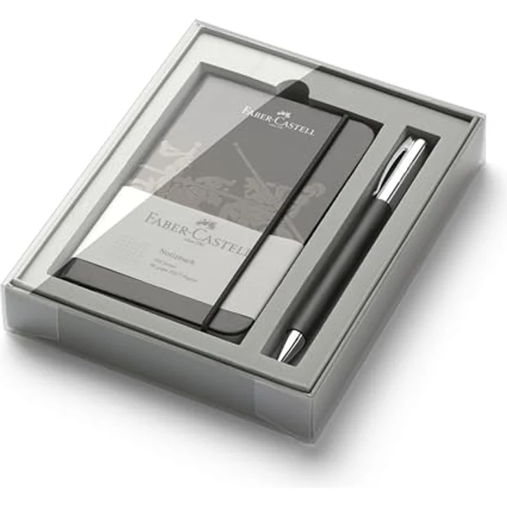 Faber-Castell Ambition Kugelschreiber Set, edelstahlverchromt mit schwarzem Edelharz, inklusive Notizbuch A6, 1 Stück – Bild 2