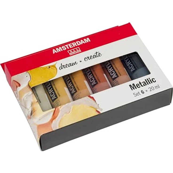 Amsterdam Standard Serie Acrylfarben Set, Metallic Set mit 6 glänzenden Farben (800 Silber, 802 Reichgold, 803 Dunkelgold, 805 Kupfer, 811 Bronze, 840 Graphit), 6 x 20 ml Tuben, wasserbasierte Spezialeffektfarbe – Bild 3