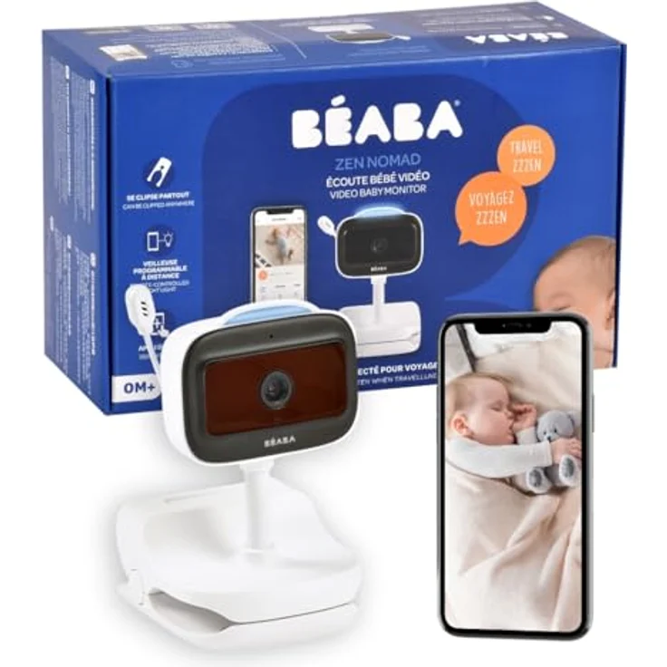 BÉABA Zen Nomad, drahtloses Babyphone mit Kamera, Nachtsicht, Mobile App, mehrfarbigem Nachtlicht, Walkie Talkie, Thermometer, 6h Akkulaufzeit, Weiß – Bild 1