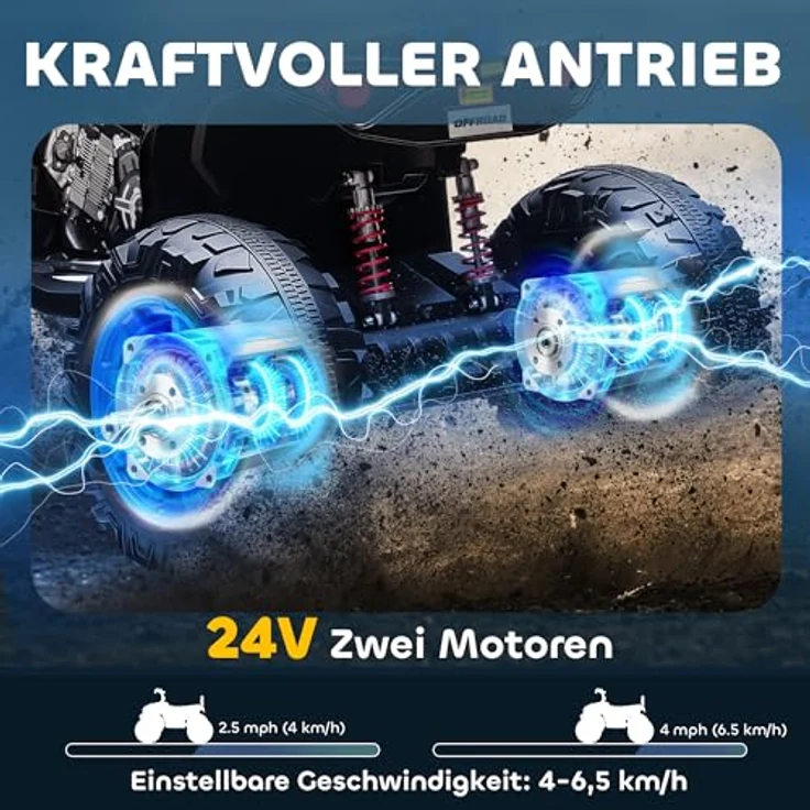 AIYAPLAY 24V Elektro Quad für Kinder, Kinderquad mit Vorwärts- und Rückwärtsfunktion, 2-Sitzer, 4 gefederte Räder, Scheinwerfer, USB- & MP3-Anschluss, 4-6,5 km/h, Blau – Bild 3