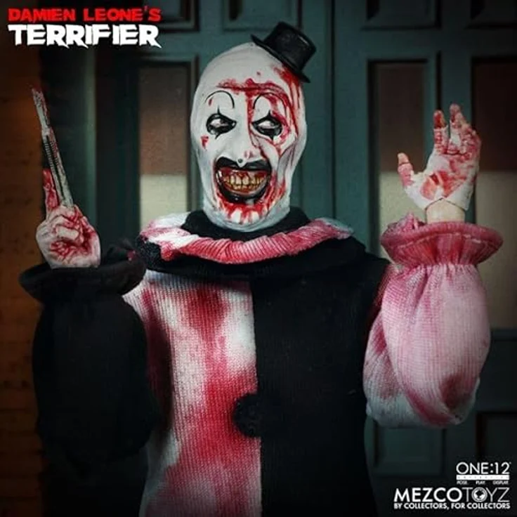 MEZCO Art The Clown Figur, 18 cm, Terrifier One:12 Collective mit 28 Gelenkpunkten, 3 Köpfen, Zubehör und Waffen – Bild 5
