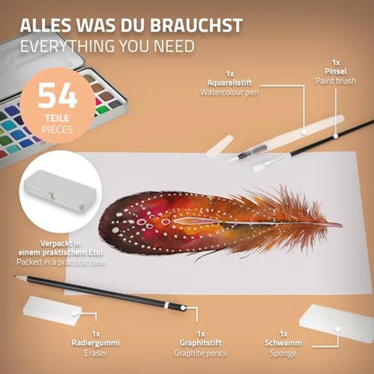 ECD Germany Kreativset Malkoffer 49-tlg, Aquarellfarben Set mit 48 Farben, Pinsel, Bleistift 2B, in silberner Metallschachtel – Bild 3