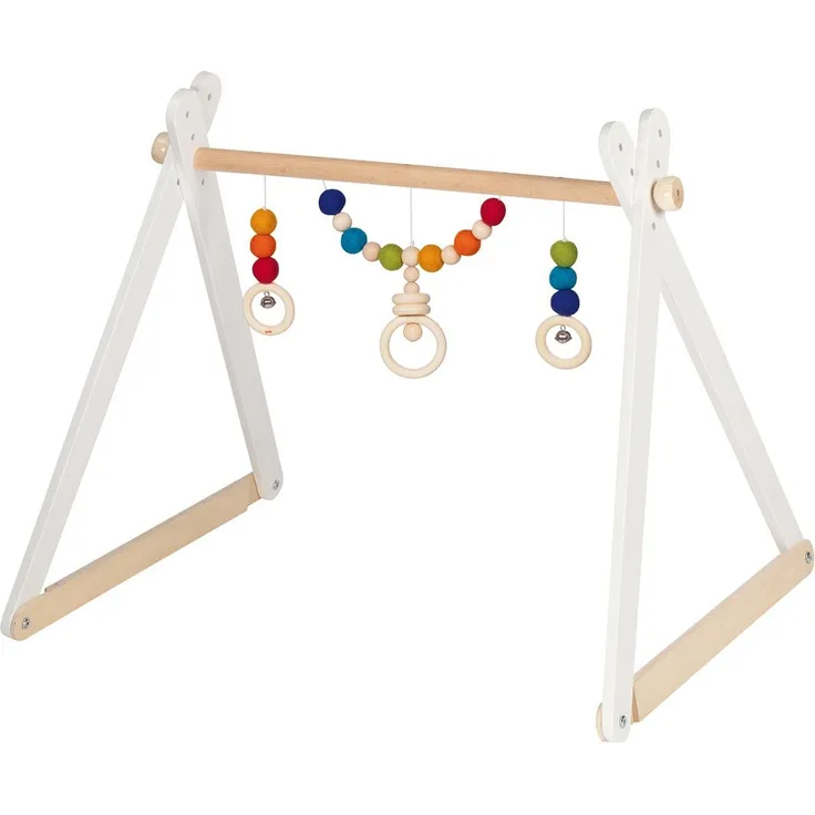goki Greifspielzeug Baby-Fit Regenbogen, höhenverstellbarer Greif- und Spieltrainer aus Holz und Filz mit bunten Perlen und Glöckchen