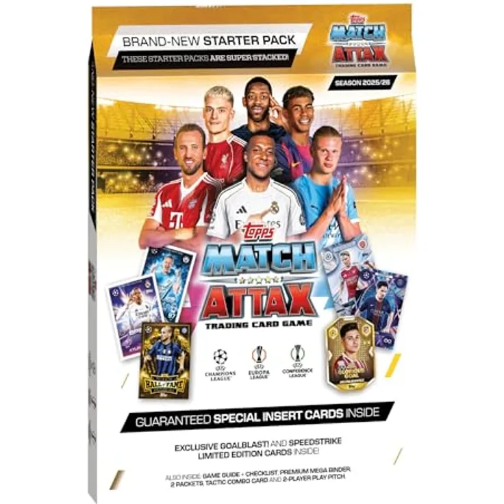 Topps UEFA Champions League Match Attax 2025/2026, Starter-Pack mit Sammelordner, 2 Spielmatten, 2 Päckchen (24 Karten) und 1 Spezial-Päckchen mit Limited Edition Karten