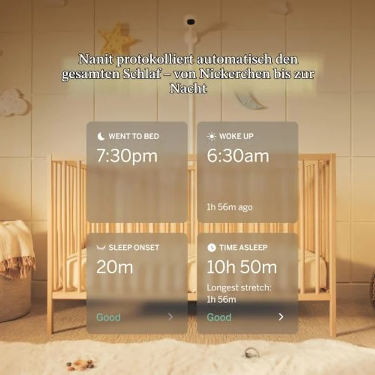Nanit Pro Kamera Babyphone Komplettset, Bodenständer, Atemüberwachungsband, 130° HD-Kamera, Zwei-Wege-Audio, 12 Monate Insights – Bild 8