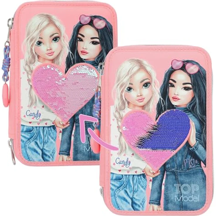 Depesche 3-Fach Federtasche mit Wendepailletten TOPModel, pink-schimmernd mit Doppel-Model-Motiv – Bild 2