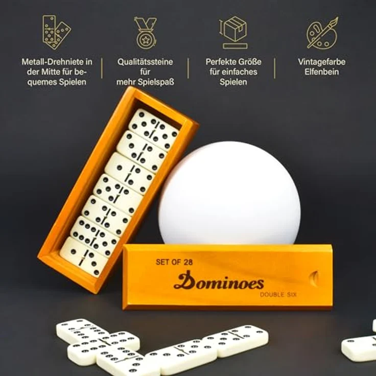 Queensell Domino-Set für Erwachsene, Doppel-6 Brettspiel mit 28 robusten Elfenbeinsteinen und brauner Holzkassette, für 2-4 Spieler – Bild 4