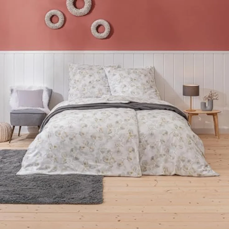 ESTELLA Feinflanell Bettwäsche Molveno Silber, 100% Baumwolle, warm und superweich, 1 Bettbezug 155 x 220 cm + 1 Kissenbezug 80 x 80 cm – Bild 2