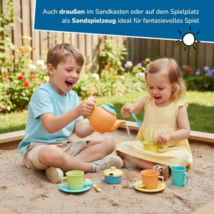 alldoro 60422 Teeservice Kinderküche, 15-TLG. Set aus Kunststoff-Weizenstroh, mehrfarbig, Rollenspiel Geschirr für Kinder ab 3 Jahren, Indoor & Outdoor – Bild 4