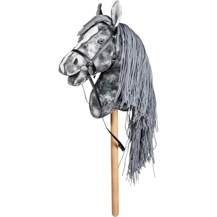 HKM Hobby Horse Beni, Steckenpferd Silbergrau mit abnehmbarer Trense & langer Mähne, 40 cm Holzstiel – für Hobby Horsing Dressur & Parcours – Bild 1