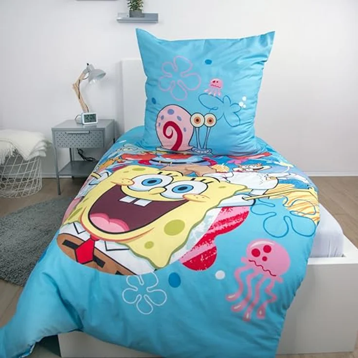 Herding Bettwäsche Set SpongeBob Schwammkopf, 100% Baumwolle/Renforcé, Kopfkissenbezug 80 x 80 cm, Bettbezug 135 x 200 cm, Reißverschluss, Wendemotiv, Multicolor – Bild 3