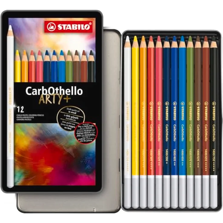 STABILO Buntstift CarbOthello Metallbox Buntstifte, 12tlg. - Hoch pigmentierte Pastellkreide in Bleistiftform, ideal für präzise Details, trocken und nass verwendbar, aquarellierbar - Farbe: bunt – Bild 2