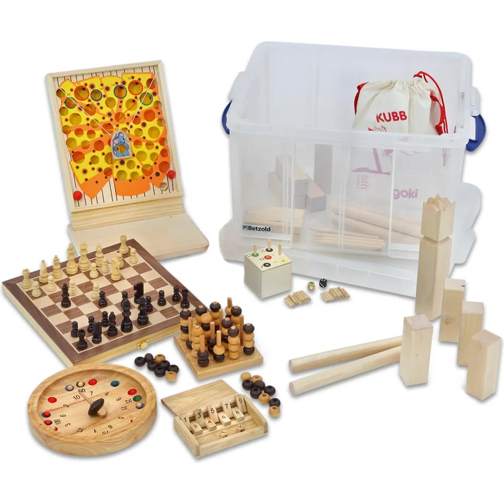 Betzold Holzspiele-Box, Spielebox aus Kunststoff mit 9 Holzspielen, für Kinder ab 6 Jahren, 42 l