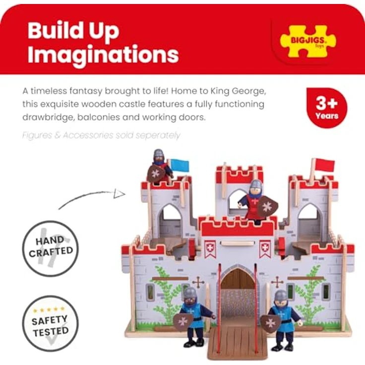 Bigjigs König George's Schloss, Holzspielzeug mit funktionierender Zugbrücke und Geheimtür für kreative Rollenspiele – Bild 2