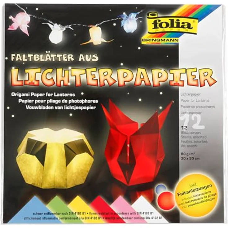 folia 42309 - Faltblätter aus Lichterpapier, farbig sortiert, ca. 30 x 30 cm, 12 Blatt, schwer entflammbares Papier, inklusive Faltanleitungen – Bild 2