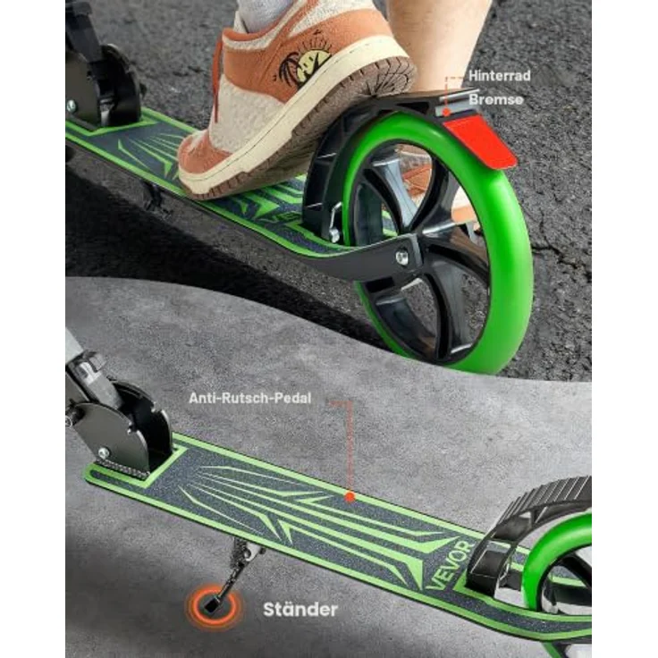 VEVOR Scooter, Cityroller für Kinder ab 8 Jahren, höhenverstellbarer Lenker, rutschfestes Deck, faltbar, Schwarz + Grün, bis 100 kg – Bild 5