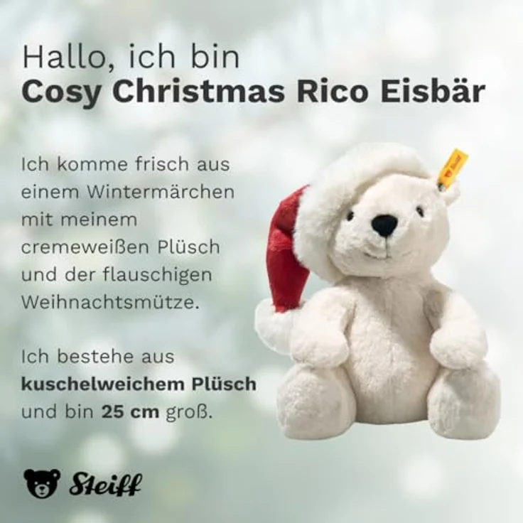 Steiff Kuscheltier Cosy Christmas Rico Eisbär, 25 cm, weißes Plüschtier mit Kunststoffaugen, handgefertigt und waschbar bei 30 °C – Bild 2