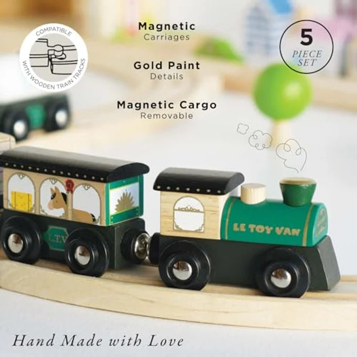 Le Toy Van Great Green Train, handgefertigter Güterzug aus Gummibaumholz mit Magnetteilen, grün – Bild 3