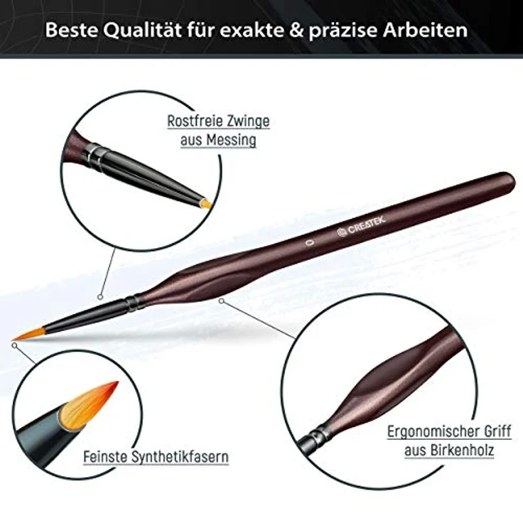 CreaTek Pinselset - 5 extra feine Detailpinsel für Acryl, Aquarell und Ölfarben | Höchste Präzision mit ergonomischem Griff und langlebigem By-Nylon Synthetikhaar – Bild 2