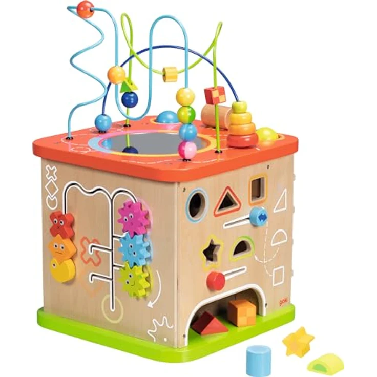 goki 59964 - Motorikwürfel ActiveKids aus Holz und Metall, XXL Spielwürfel, bunt, 35cm x 35cm x 54cm, ab 1 Jahr – Bild 1