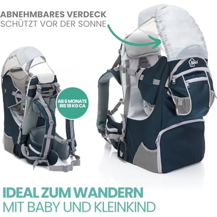 Fillikid Babytrage, Rückentrage für Baby & Kleinkind mit Sonnenschutz, blau, ergonomisch gepolstert, höhenverstellbar, für Wanderausflüge – Bild 2