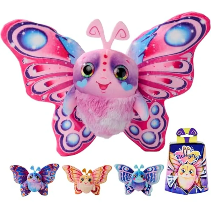 Simba Plüsch Schmetterling Fluffyfly, 30 cm aufblasbares Kuscheltier mit Regenbogen-Augen und Überraschungseffekt, geeignet für Kinder ab 3 Jahren