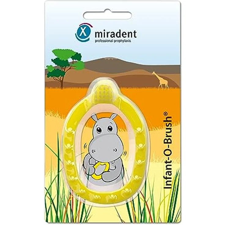 miradent Infant-O-Brush Lernzahnbürste gelb, super weiches Borstenfeld, Beißring mit Noppen, ab 3 Monaten, verschlucksicher – Bild 1