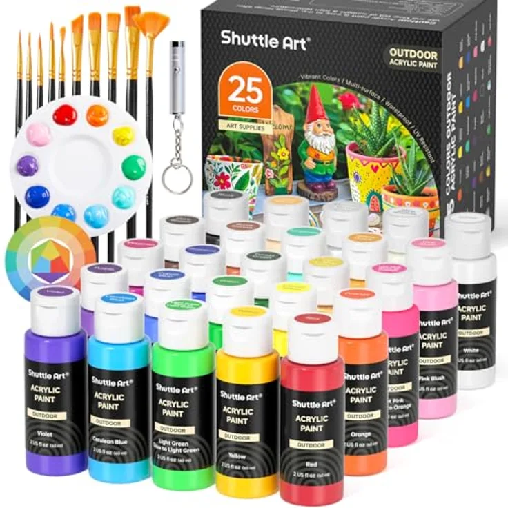 Shuttle Art Outdoor Acrylfarben Set, 25 wasserfeste Acrylfarben in 60ml Flaschen, inklusive 3 nachtleuchtenden und 2 Metallicfarben, für Stein, Leinwand und Holz