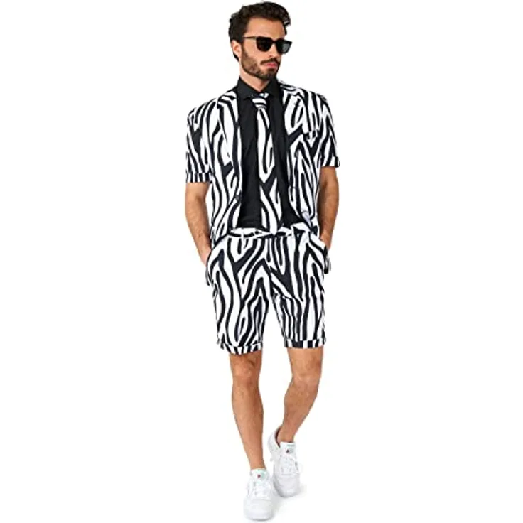 Konjac Sponge Shorts Suit Zazzy Zebra, Slim Fit Kostüm mit schwarzem und weißem Zebramuster, inkl. Jacke, Shorts und Krawatte