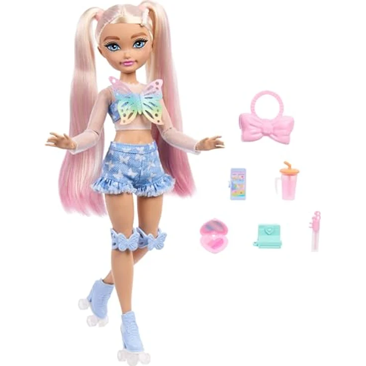 Barbie Anziehpuppe Barbie Dream Besties Rollschuh-Party Malibu, Puppe mit Schmetterlings-Outfit und Rollschuhen, blondes Haar – Bild 5
