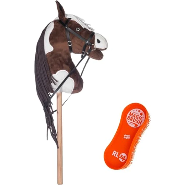 RL24 Hobby Horse Trixi, Steckenpferd aus Plüsch mit Holzstock, langer Mähne und Trense, braun/weiß, ohne Griffe & Rollen für Hobby Horsing – Bild 2