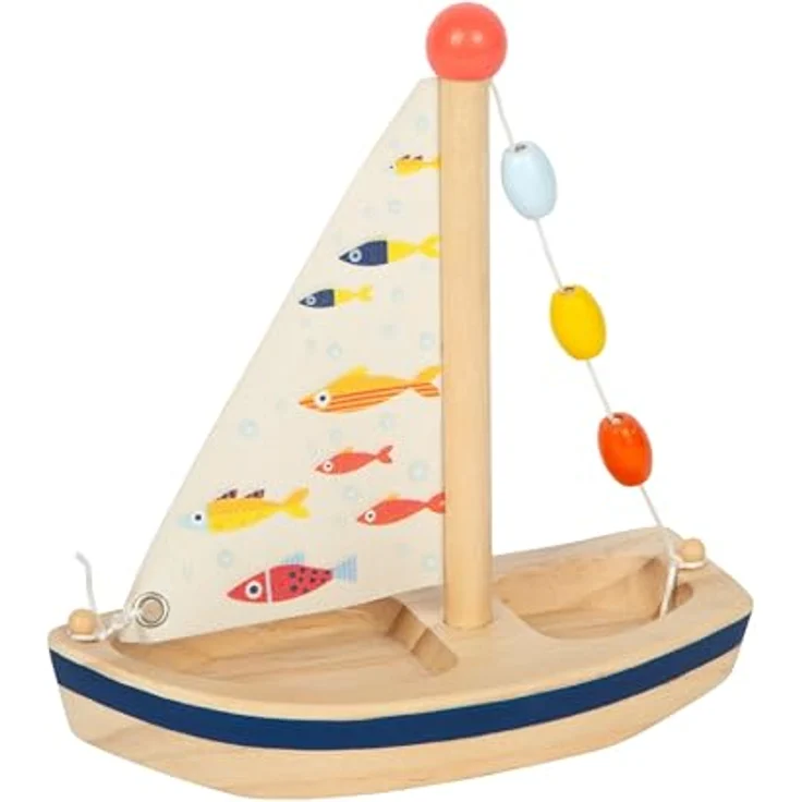 small foot GmbH & Co. KG Wasserspielzeug Segelboot Großer Ozean, Holzboot mit Fischmotiven, 17 x 8,5 x 19 cm, natur mit bunten Details – Bild 1