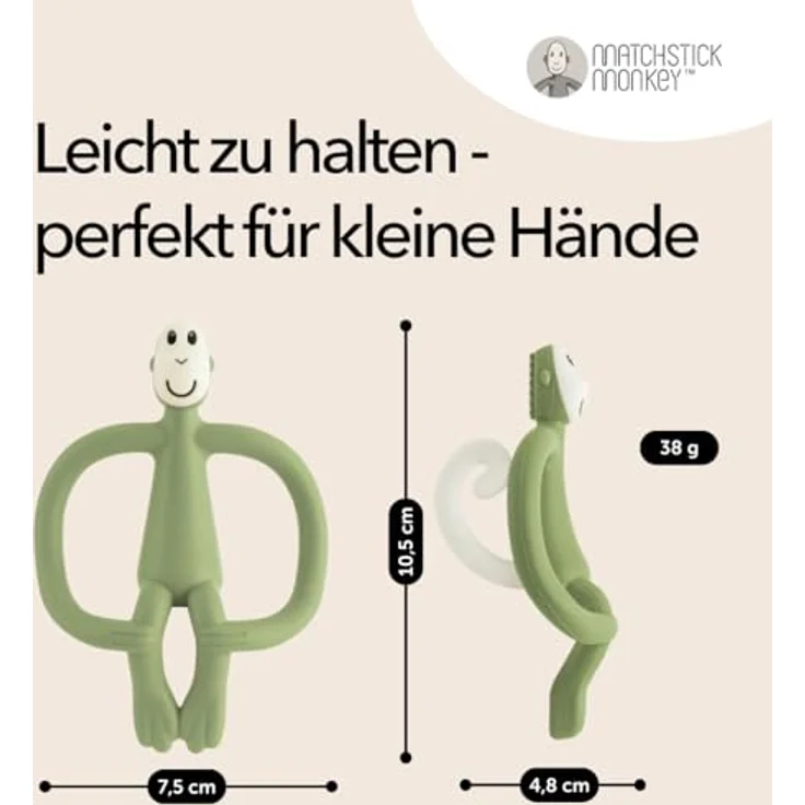 Matchstick Monkey - Beißring Affe Original - Baby Zahnungshilfe, weiche Noppen, 100% Silikon, BPA-frei, ab 3 Monaten (olivgrün) – Bild 4